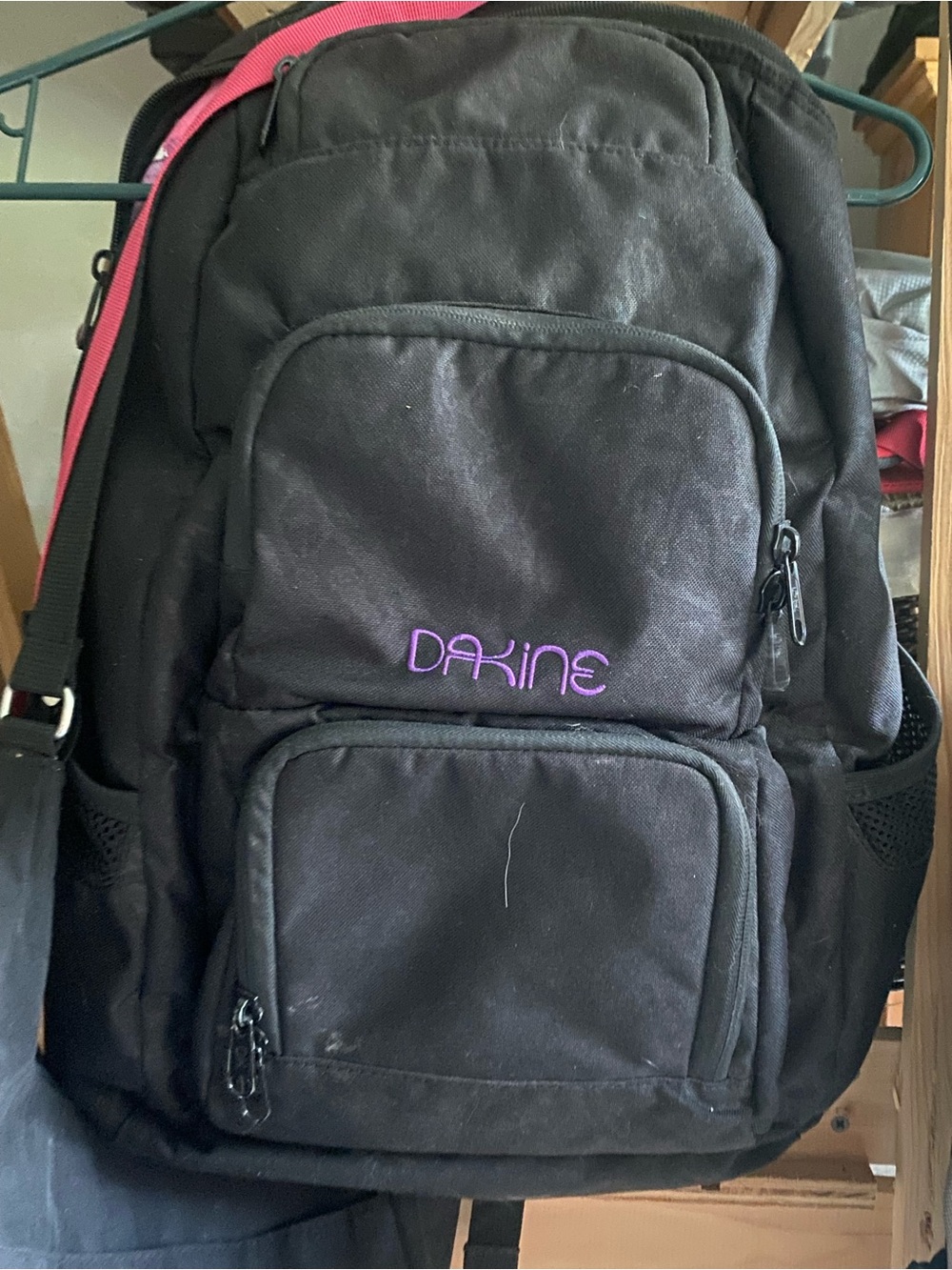 Dakine Black Backpack with Purple Logo and Pink Strap Accent
